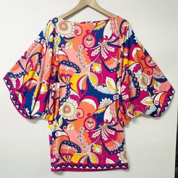 Trina‎ Turk Kaftan Tunic Dress Psychedelic Floral Print Pink Blue Orange M Beach - Picture 3 of 11